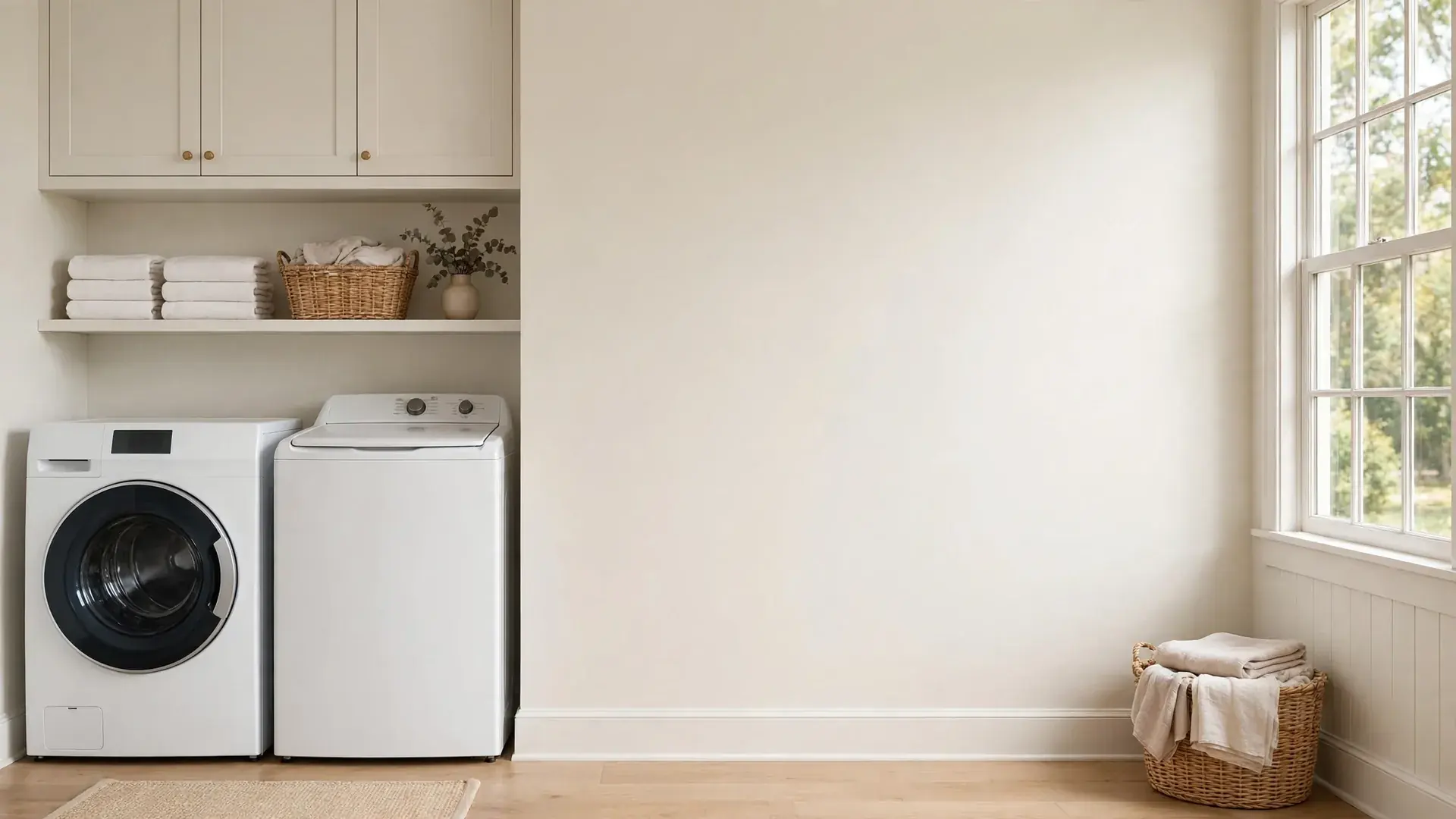 Front load washer in a bright laundry room with a window and open wall space